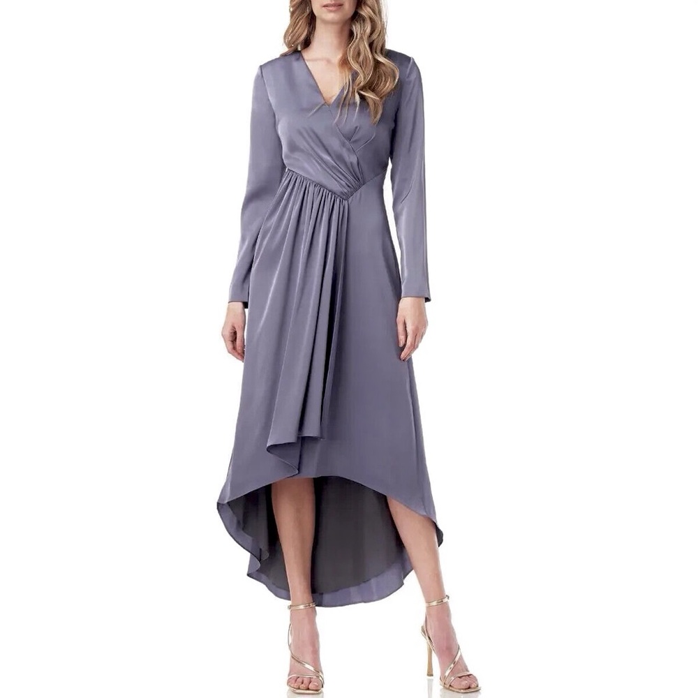 Kay Unger Gray Hi Lo Helena Gathered Charmeuse Long Sleeve Evening Dress Size 14